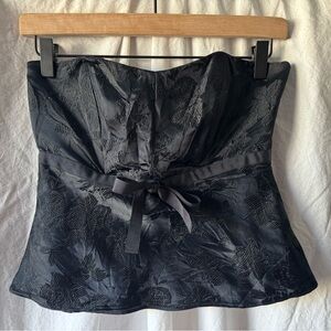 Black Silk Floral Strapless Top with Ribbon Tie